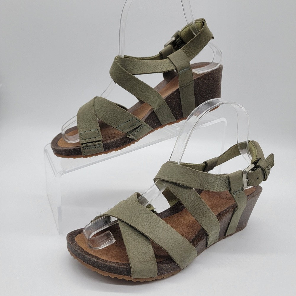 Teva Women's Mahonia Olive Green Leather Strappy Wedge Sandals Buckle Size 7